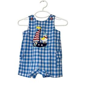 Goodlad Blue and White Checkered Romper nautical boat embroidered 6m nwt
